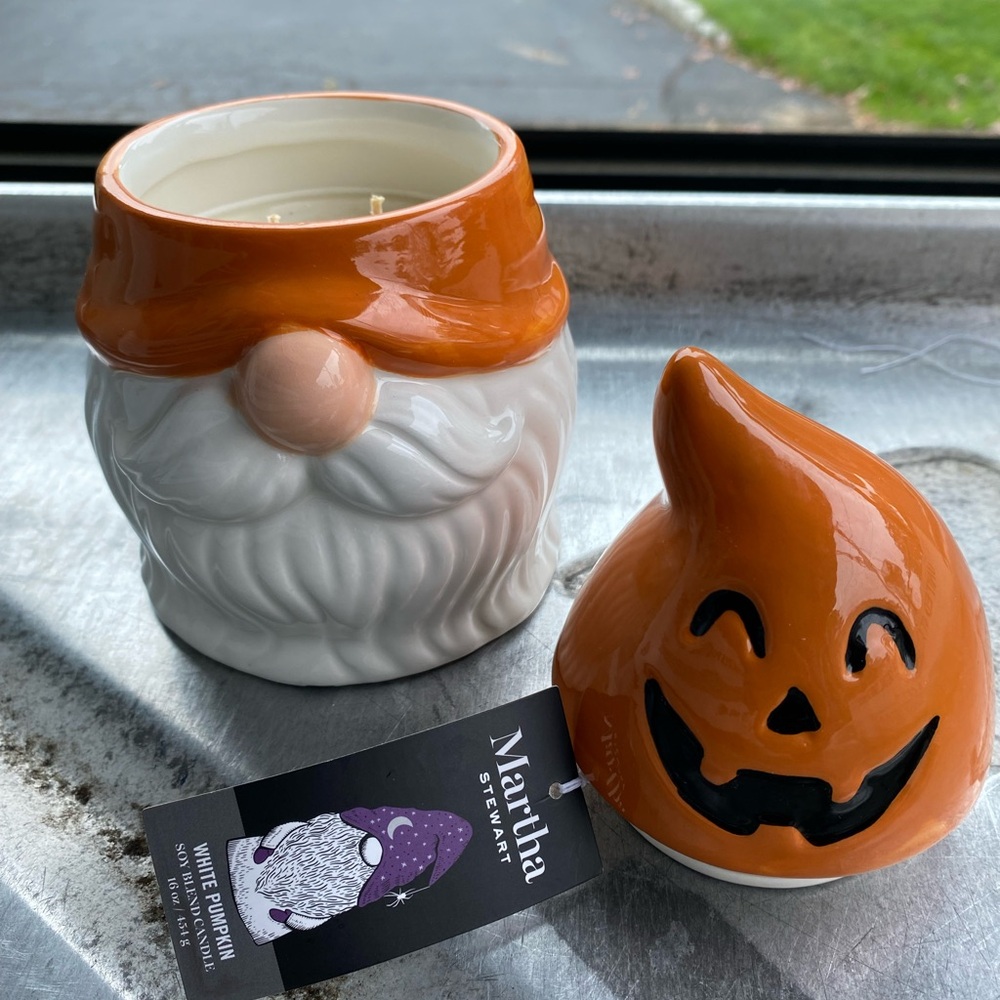 Halloween Martha Stewart GNOME Candle Soy Blend White Pumpkin Scented 16oz. NEW!
